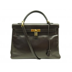 SAC A MAIN HERMES KELLY 35 RETOURNE EN CUIR BOX MARRON CHOCOLAT BANDOULIERE BAG