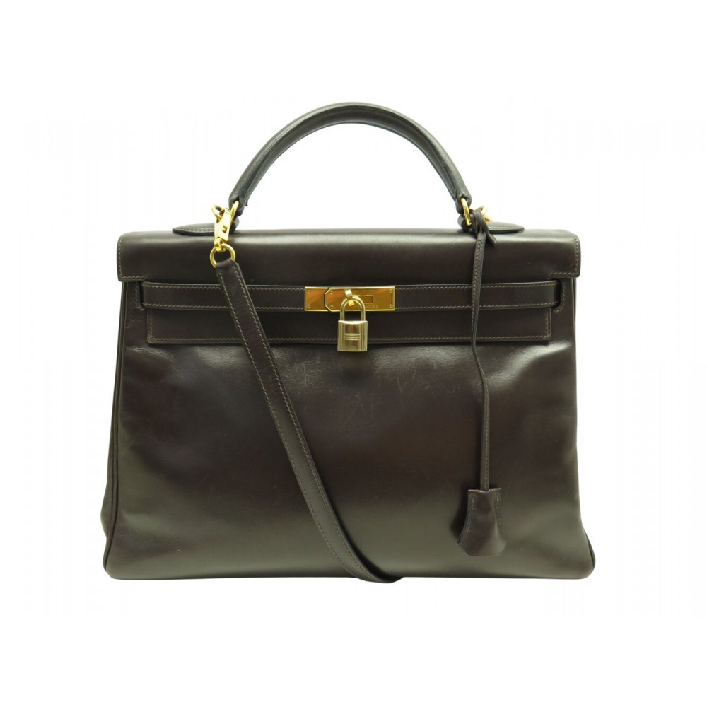 SAC A MAIN HERMES KELLY 35 RETOURNE EN CUIR BOX MARRON CHOCOLAT BANDOULIERE BAG