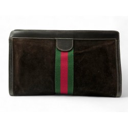 VINTAGE TROUSSE DE TOILETTE GUCCI PARFUMS OPHIDIA BANDE WEB EN DAIM MARRON POUCH