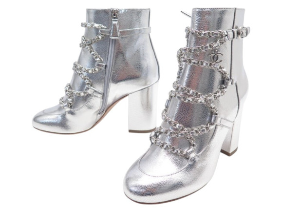 bottines chanel g34489 37.5 cuir argente chaine