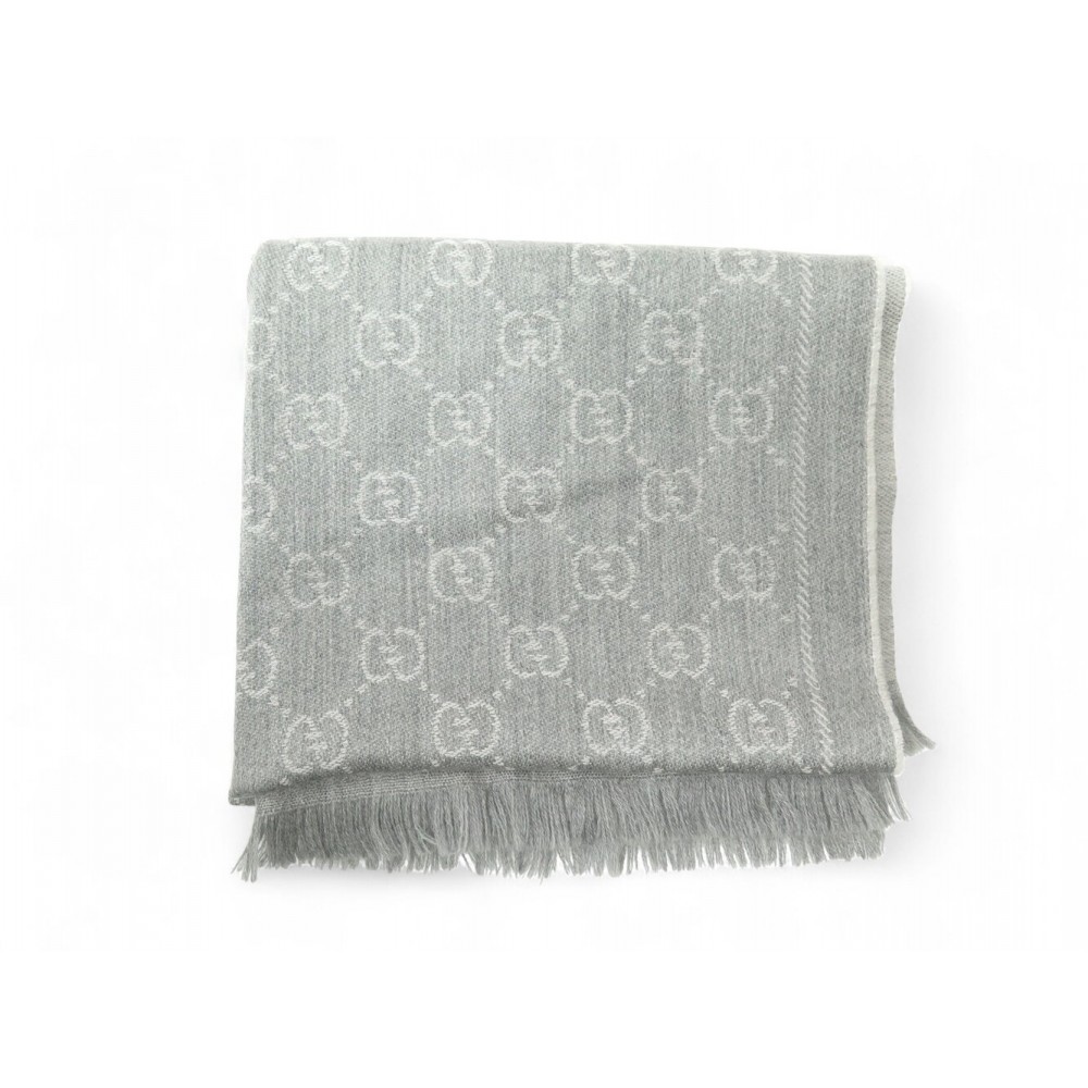 ECHARPE GUCCI MONOGRAMME GG EN LAINE GRIS ETOLE FOULARD MONOGRAM WOOL SCARF 410€