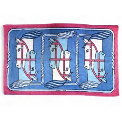 SERVIETTE DRAP DE PLAGE HERMES QUADRIGE CHEVAUX COTON BLEU ROSE BAIN TOWEL 610€