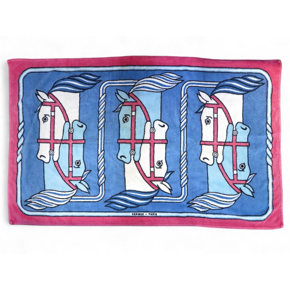 SERVIETTE DRAP DE PLAGE HERMES QUADRIGE CHEVAUX COTON BLEU ROSE BAIN TOWEL 610€