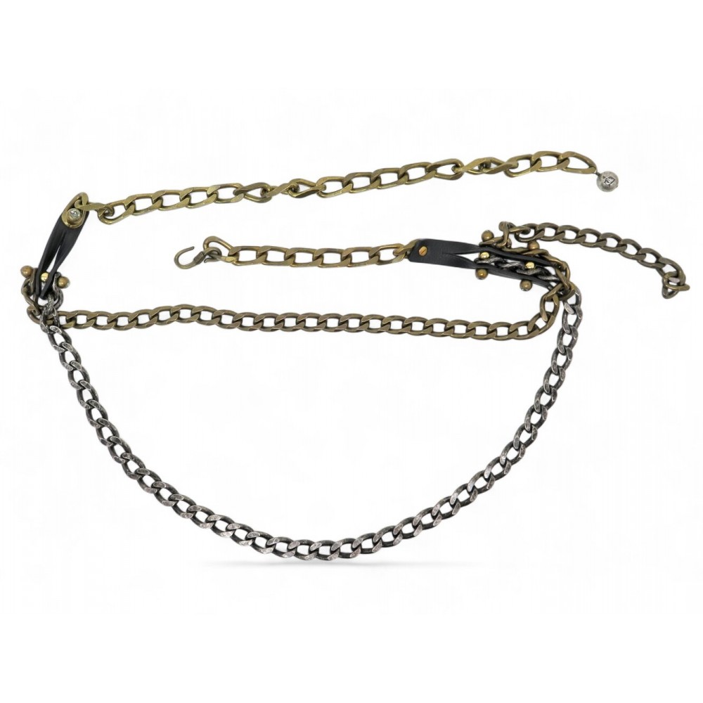 VINTAGE CEINTURE LANVIN CHAINE DOUBLE RANGS T90 METAL VIEILLI & CUIR BELT 990€