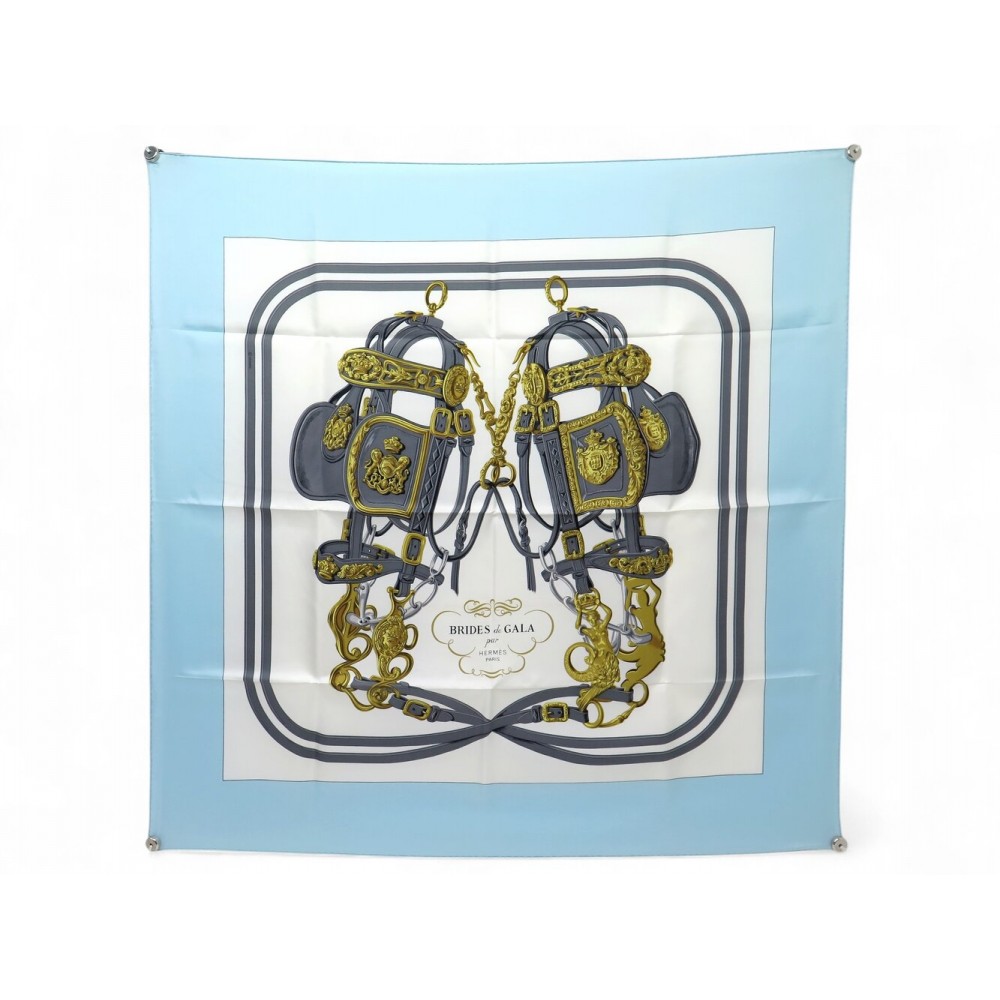 NEUF VINTAGE FOULARD HERMES BRIDES DE GALA CARRE 90 EN SOIE BLEU SILK SCARF 530€