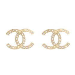 NEUF BOUCLES D'OREILLES CHANEL LOGO CC STRASS METAL DORE BOITE NEW EARRINGS 650€