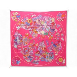 NEUF FOULARD HERMES PLANIFLEURS CHRISTINE HENRY CARRE 90 EN SOIE ROSE SCARF 530€