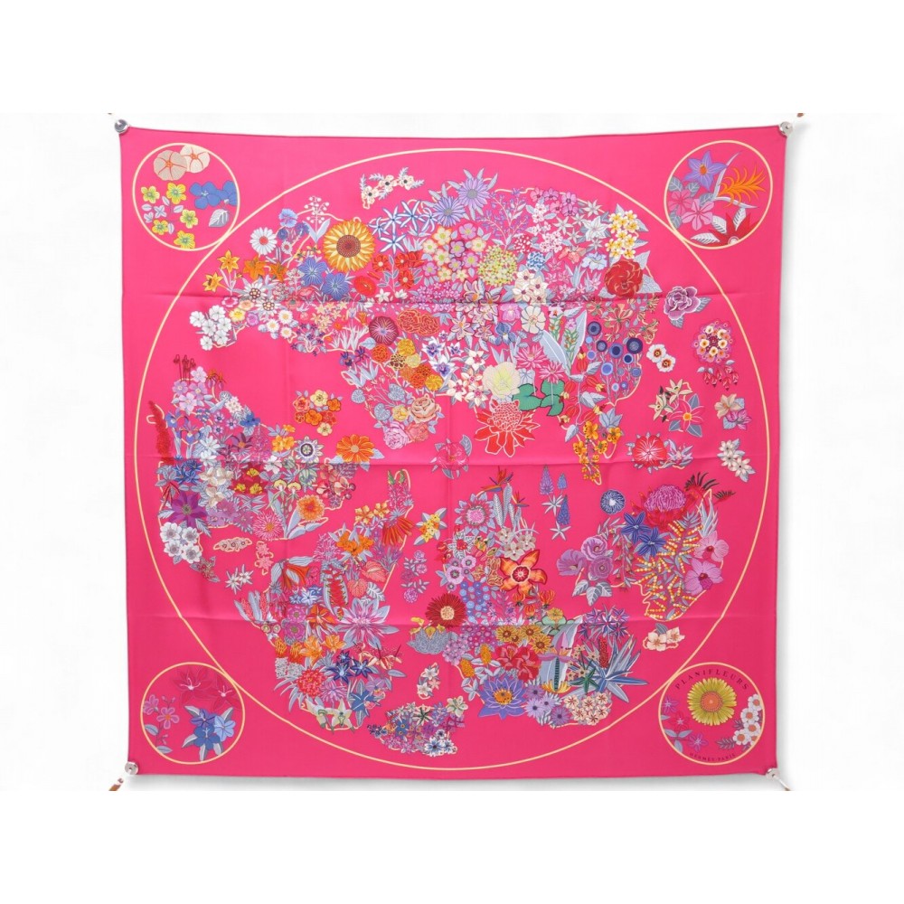 NEUF FOULARD HERMES PLANIFLEURS CHRISTINE HENRY CARRE 90 EN SOIE ROSE SCARF 530€