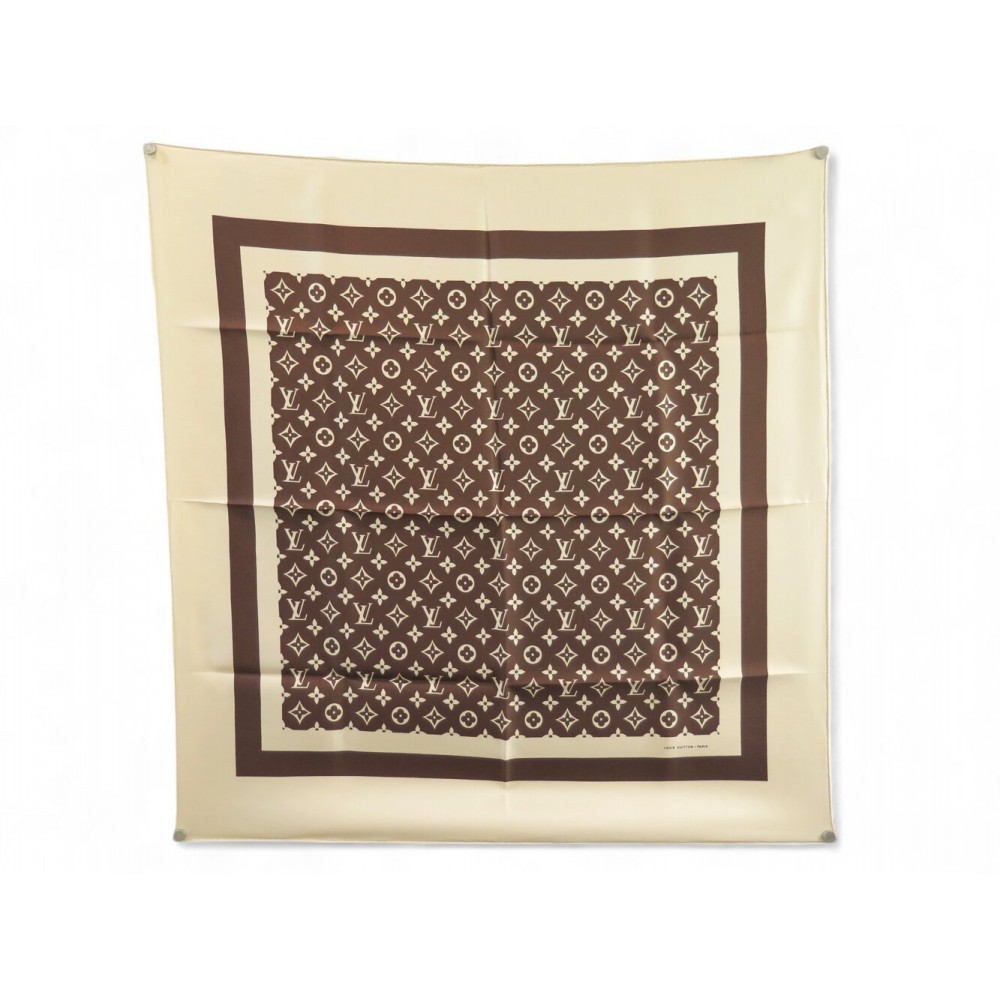 VINTAGE FOULARD LOUIS VUITTON MONOGRAM EN SOIE MARRON CARRE 70 BOITE SCARF 430€