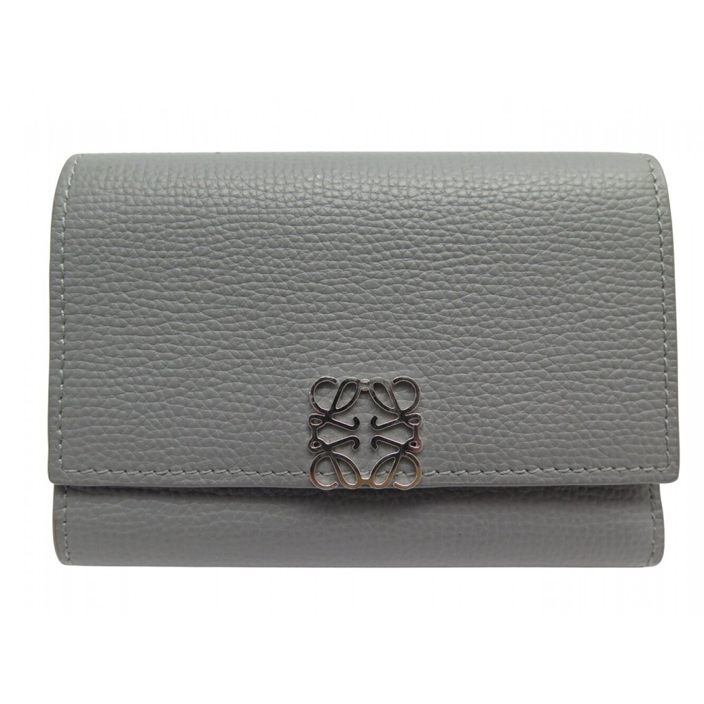 NEUF PETIT PORTEFEUILLE LOEWE ANAGRAM VERTICAL EN CUIR GRIS PORTE MONNAIE 550€