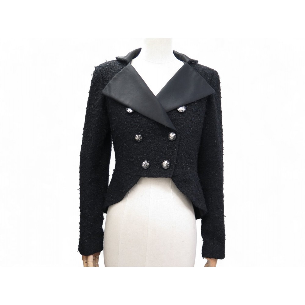 NEUF VESTE CHANEL BOUTONS FLOCON LOGO CC P62358V M 38 TWEED NOIR JACKET 8500€