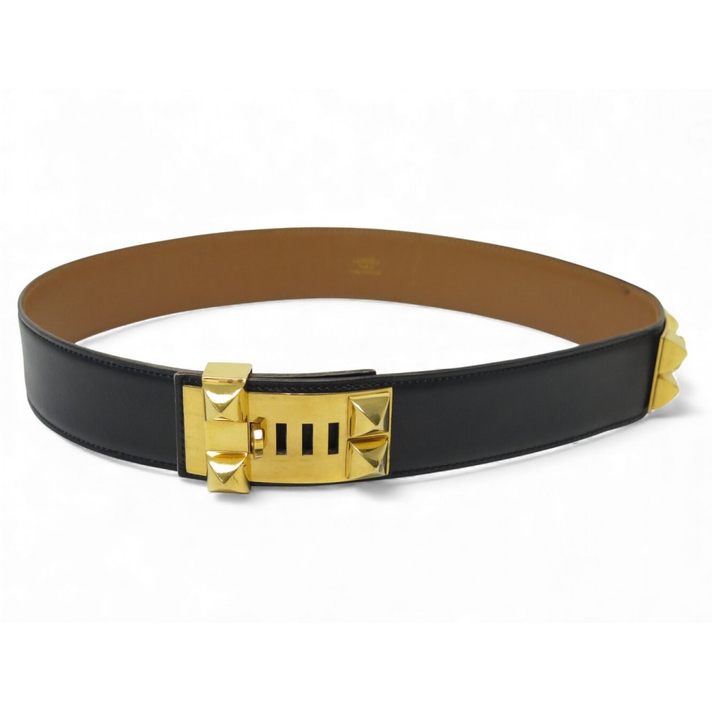 VINTAGE CEINTURE HERMES MEDOR COLLIER DE CHIEN 40 T72 CUIR BOX NOIR BELT 3400€