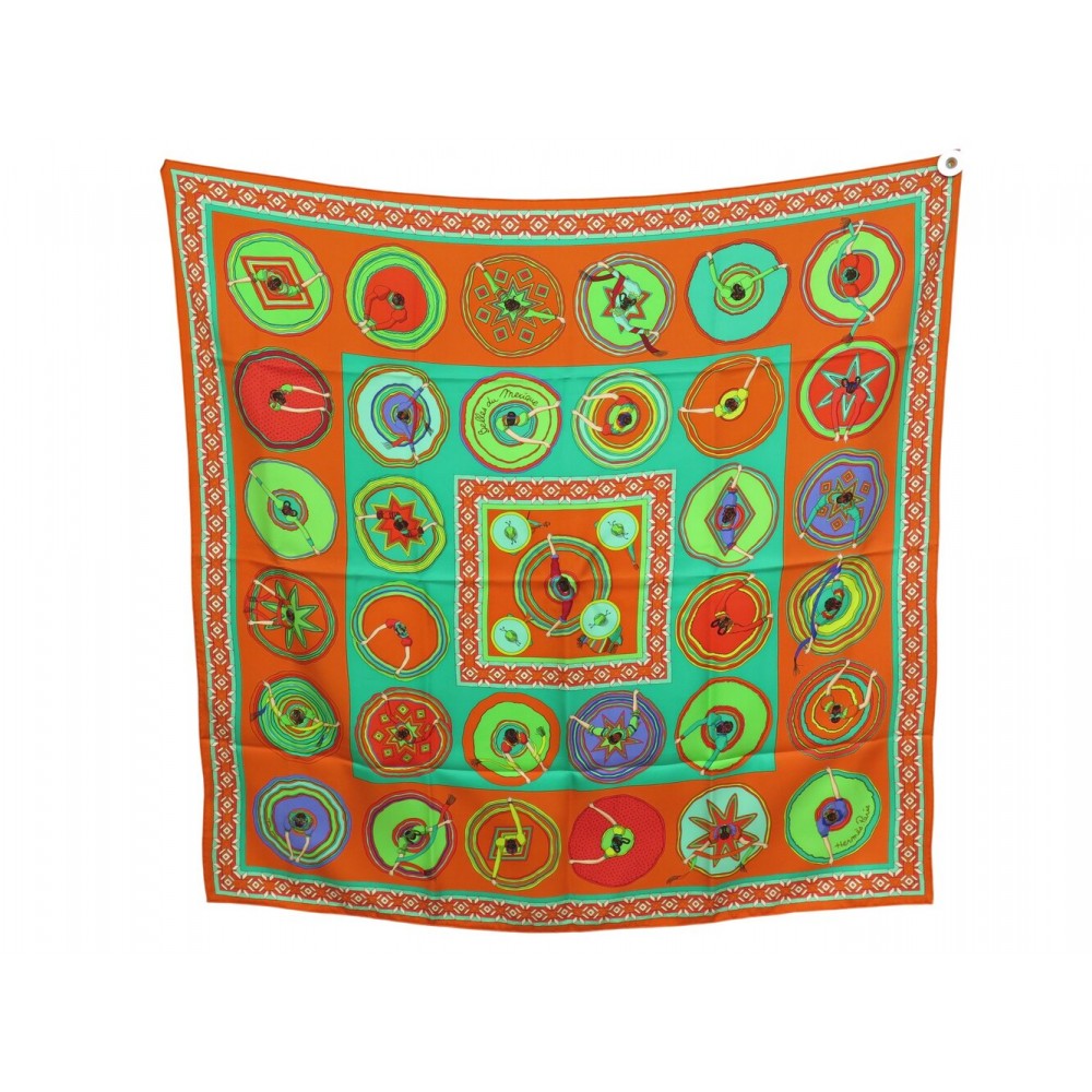 NEUF FOULARD HERMES BELLES DU MEXIQUE SOIE ORANGE VERT CARRE 90 SILK SCARF 530€