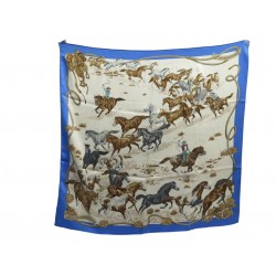 FOULARD HERMES LES MUSTANGS CHEVAUX 1993 EN SOIE BLEUE CARRE 70 SILK SCARF 395€