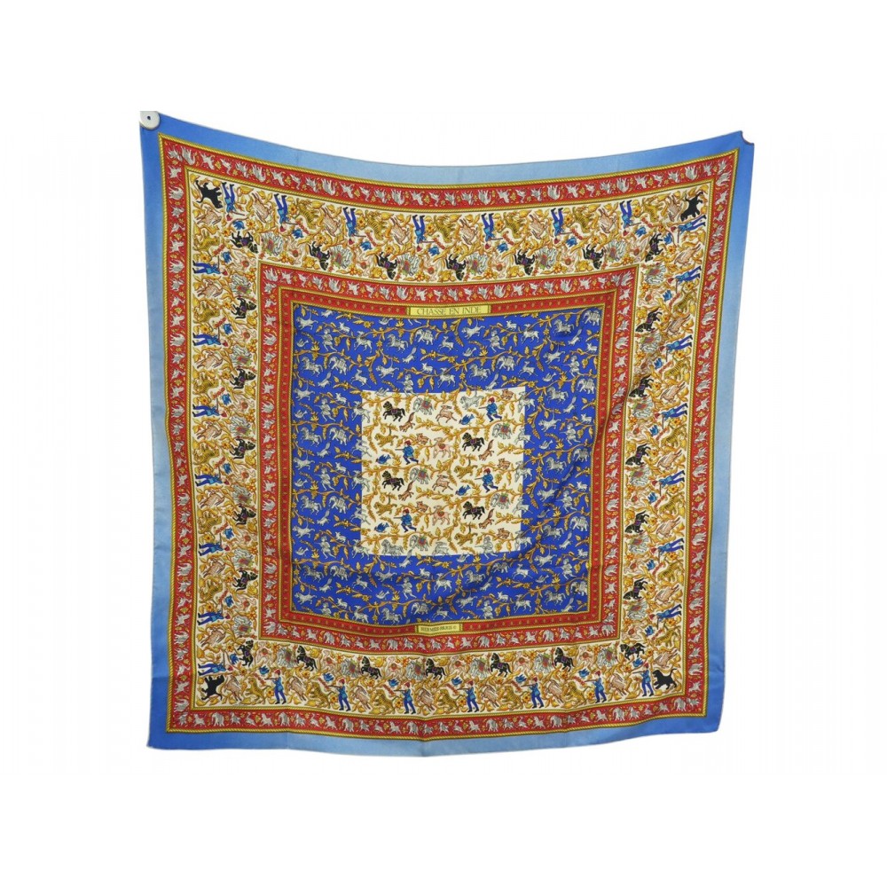 FOULARD HERMES CHASSE EN INDE MICHEL DUCHENE EN SOIE BLEUE CARRE 90 SCARF 50€