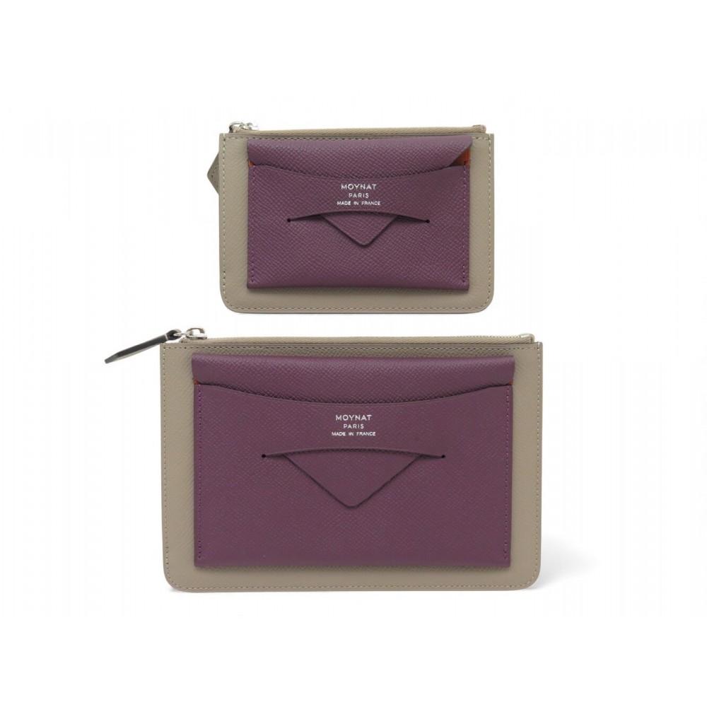 NEUF LOT 2 POCHETTES MOYNAT ENVELOPPE PM GM CUIR GRAINE GRIS BORDEAUX POUCH 749€