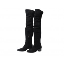 BOTTES CUISSARDES CHANEL G30047 A TALONS 40.5 LOGO CC EN DAIM NOIR BOOTS 1500€