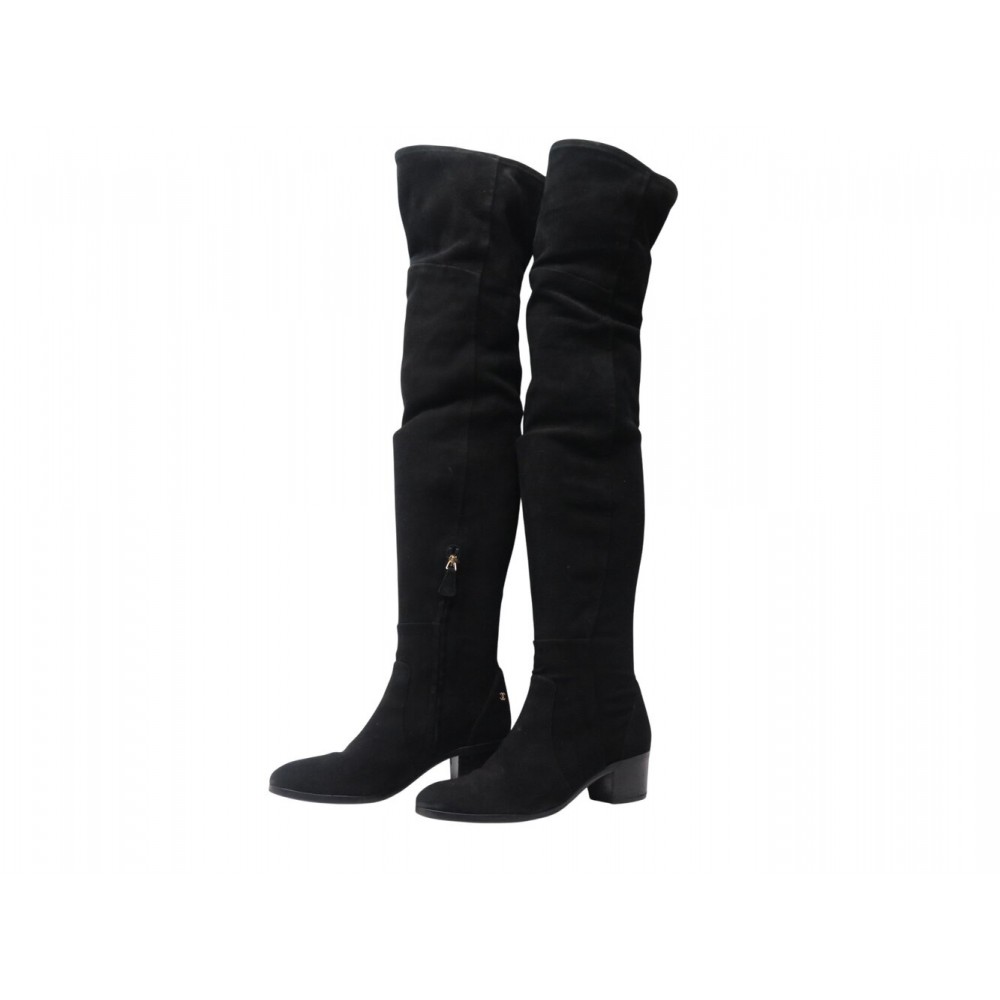 BOTTES CUISSARDES CHANEL G30047 A TALONS 40.5 LOGO CC EN DAIM NOIR BOOTS 1500€