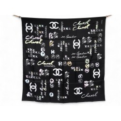 NEUF FOULARD CHANEL CAMELIA LOGO CC CAMBON CARRE 90 EN TWILL DE SOIE SCARF 530€