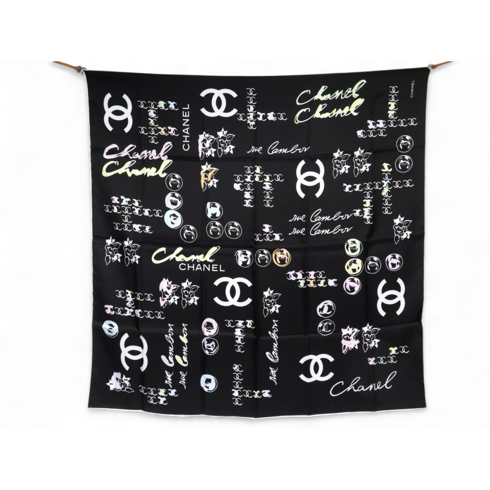 NEUF FOULARD CHANEL CAMELIA LOGO CC CAMBON CARRE 90 EN TWILL DE SOIE SCARF 530€