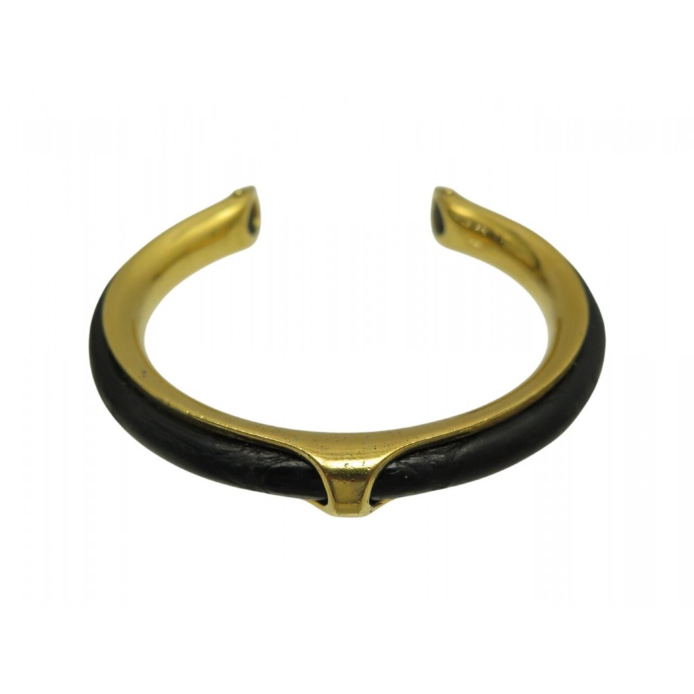 BRACELET HERMES KYOTO TAILLE 16 EN METAL DORE ET CUIR NOIR GOLDEN JEWEL 480€
