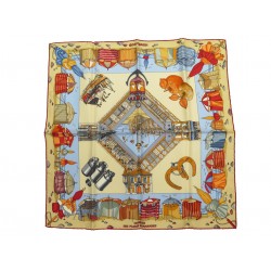 NEUF FOULARD HERMES GAVROCHE CHARMES DES PLAGES NORMANDES SOIE JAUNE SCARF 240€