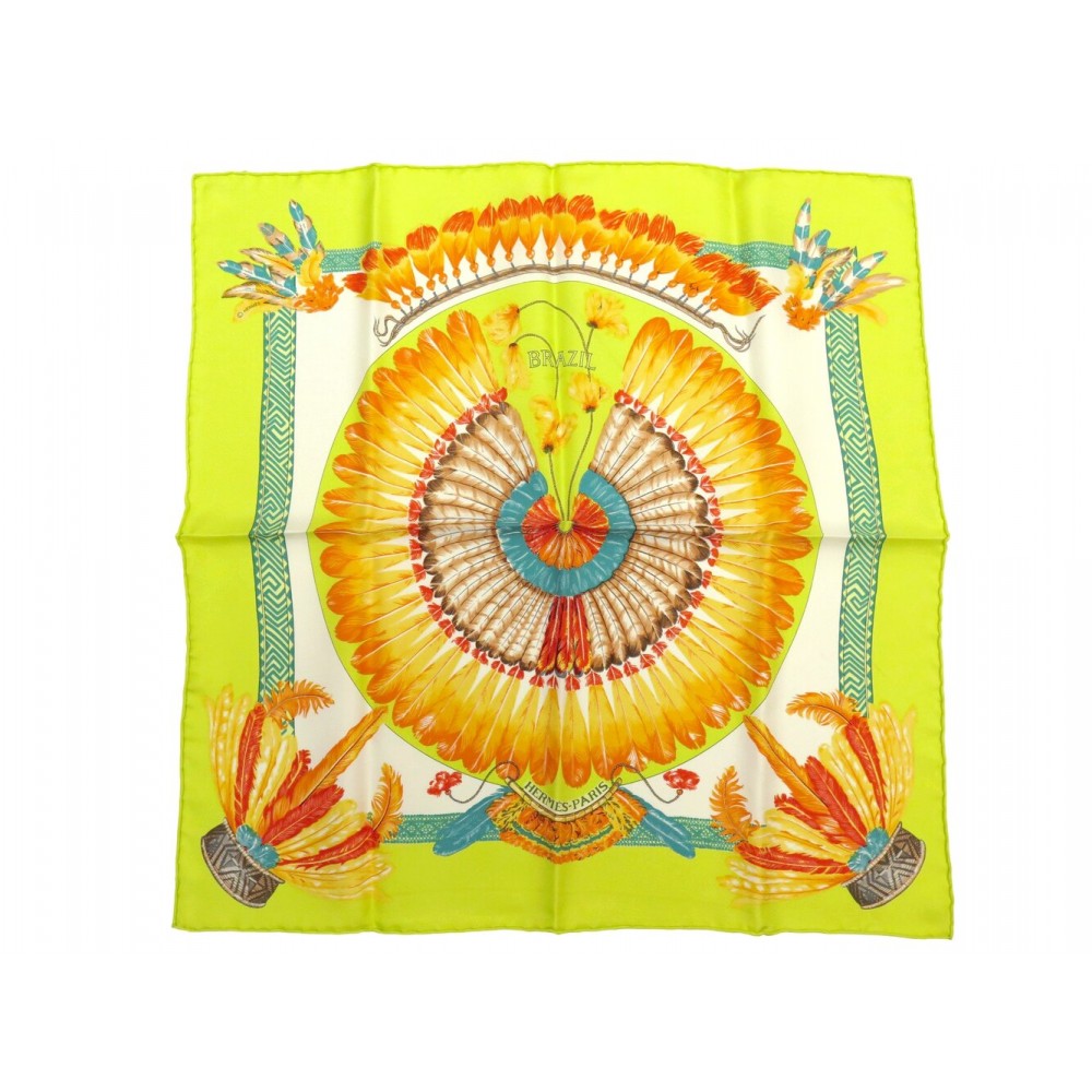 FOULARD HERMES GAVROCHE BRAZIL CARRE 45 CM EN SOIE VERTE TOUTSY 1988 SCARF 240€