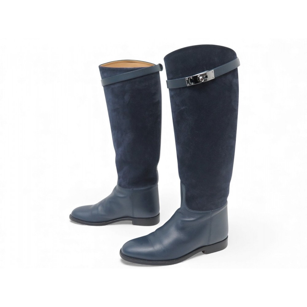 CHAUSSURES BOTTES HERMES JUMPING 35 EN DAIM BLEU BOUCLE KELLY BOOTS SHOES 2310€