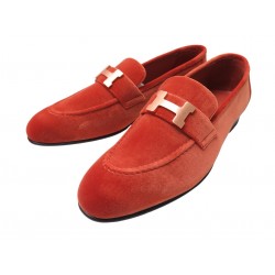 NEUF CHAUSSURES HERMES MOCASSINS PARIS 38 EN VELOURS ORANGE BOITE LOAFERS 990€