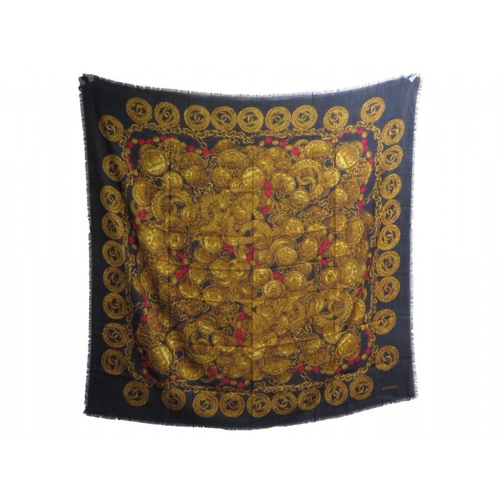 NEUF CHALE CHANEL BIJOUX MEDAILLONS LOGO CC CAMBON CACHEMIRE & SOIE SHAWL 1260€