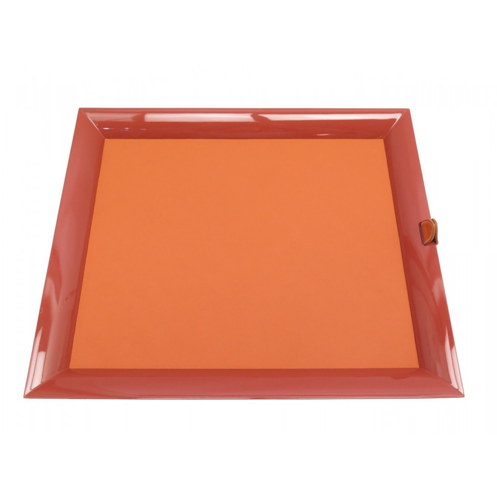 NEUF PLATEAU HERMES ATRIUM GM LAQUE TERRACOTA CUIR ORANGE BOITE TRAY NEW 1310€
