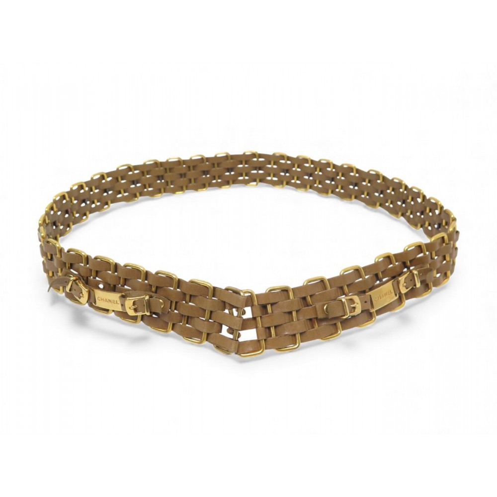 VINTAGE CEINTURE CHANEL CHAINE ENTRELACEE T82 CUIR ET METAL DORE LETAHER BELT