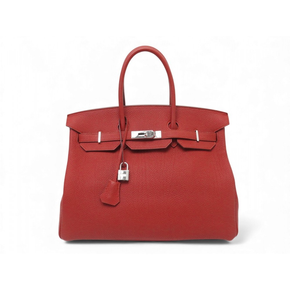 SAC A MAIN HERMES BIRKIN 35 CUIR TOGO ROUGE & PALLADIE 2012 RED LEATHER HAND BAG