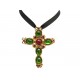 NEUF VINTAGE COLLIER PENDENTIF CHRISTIAN LACROIX CROIX PIERRES CABOCHONS +CORDON