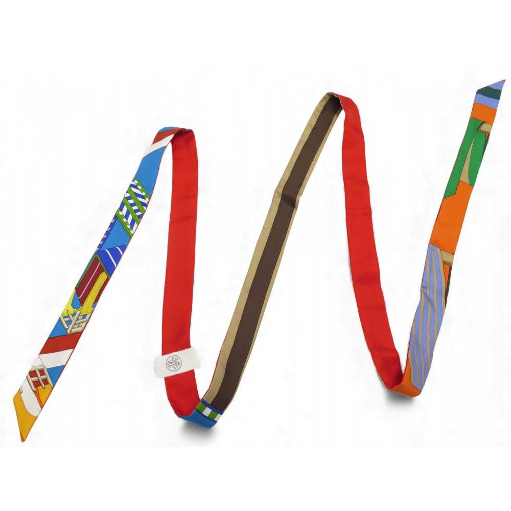 NEUF FOULARD TWILLON HERMES DOUBLE SANGLE SOIE ROUGE 190 CM LONG SILK SCARF NEW