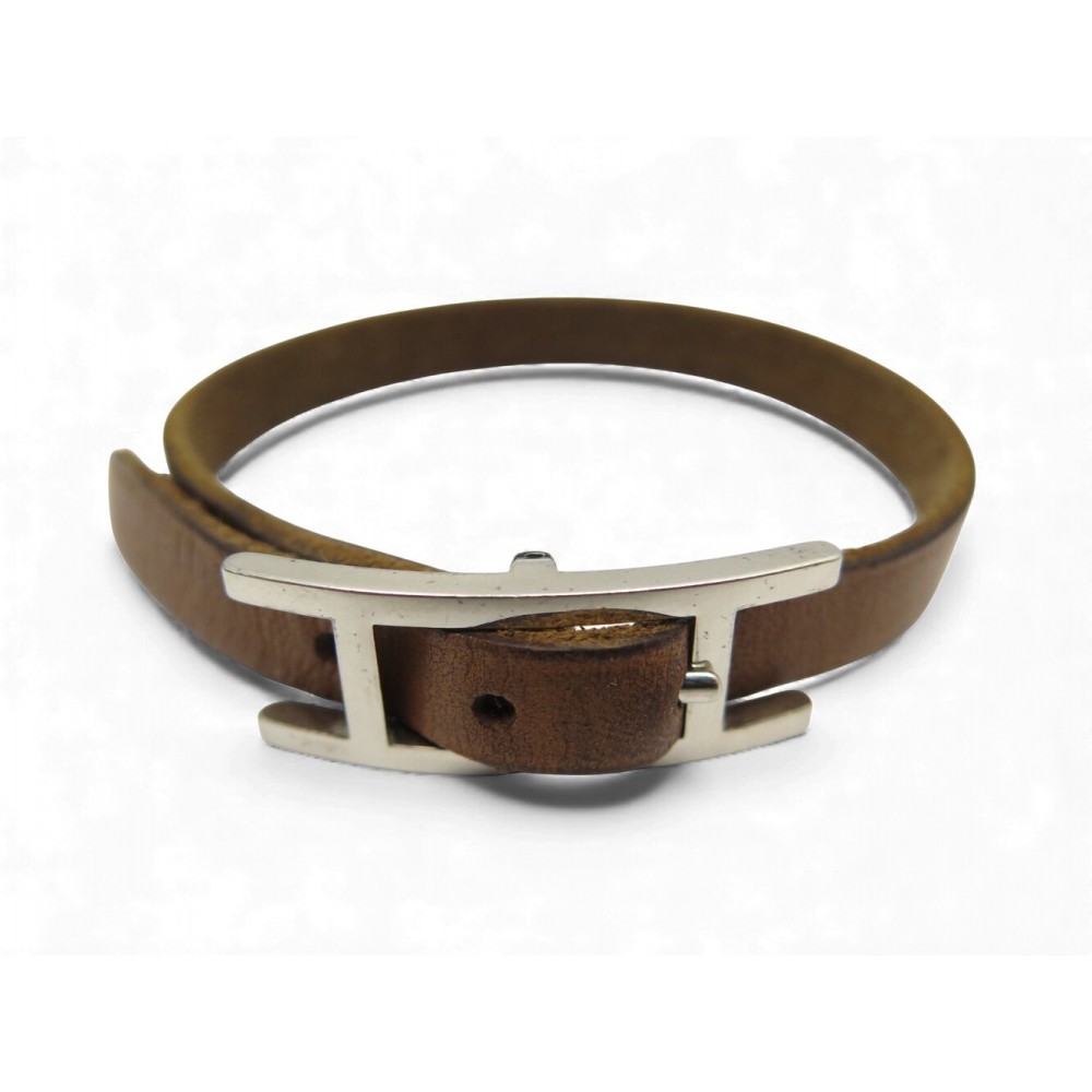 BRACELET HERMES BEHAPI EN CUIR MARRON SIMPLE TOUR 16.5 18.5 CM BOUCLE ACIER 380€