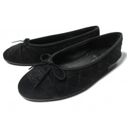 CHAUSSURES CHANEL G26250 BALLERINES 37 EN CUIR SUEDE MATELASSE NOIR FLAT 1150€