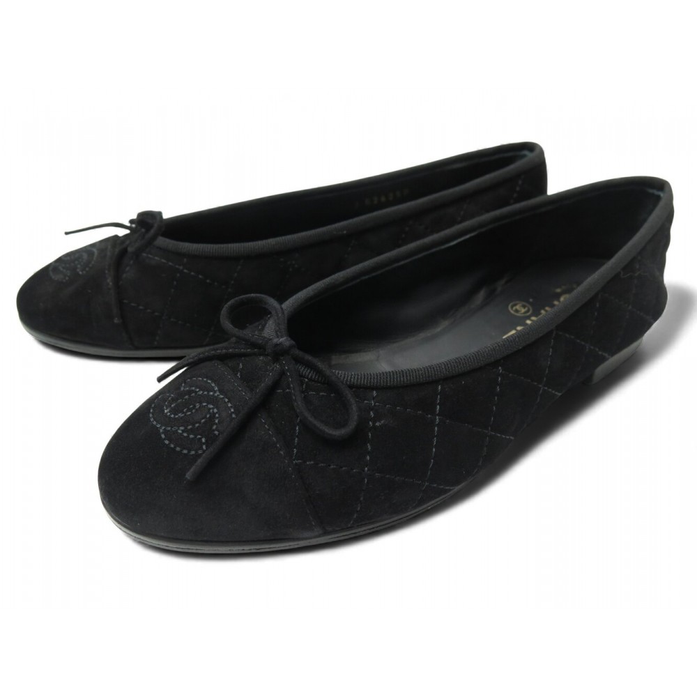 CHAUSSURES CHANEL G26250 BALLERINES 37 EN CUIR SUEDE MATELASSE NOIR FLAT 1150€