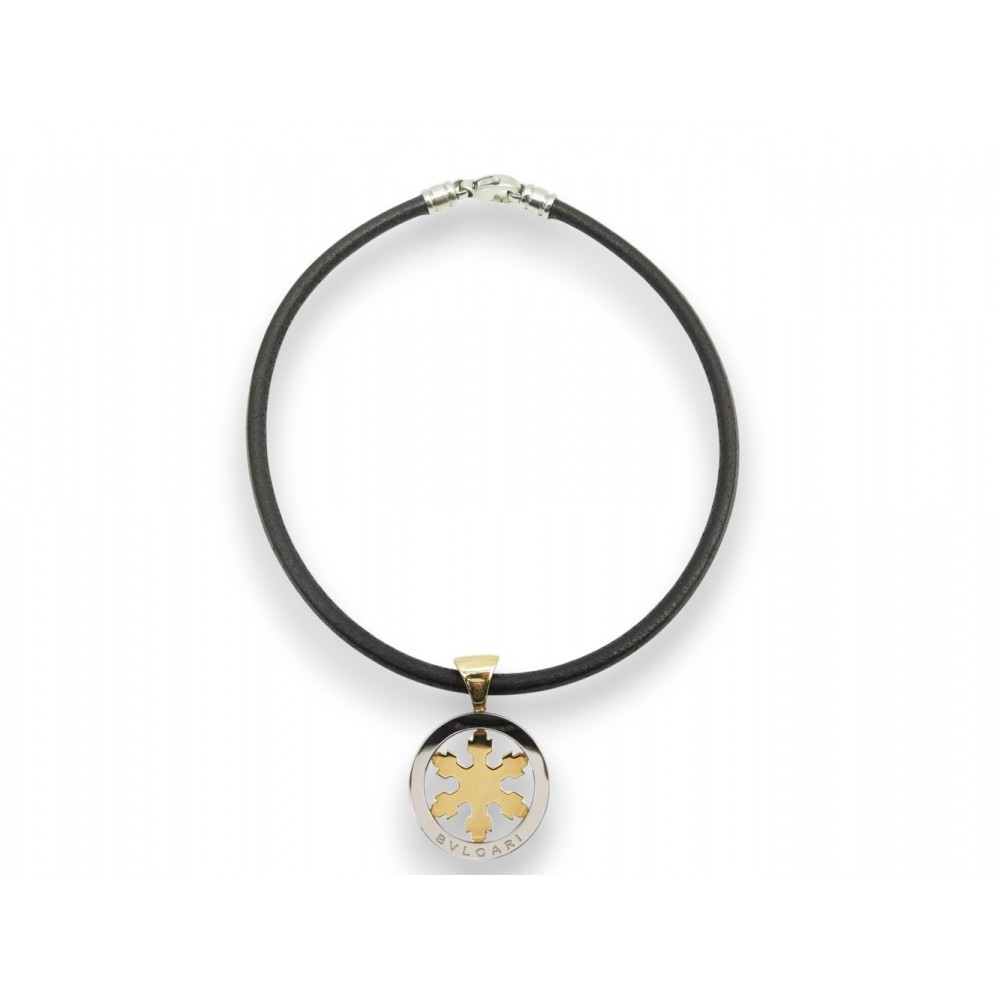 NEUF COLLIER BULGARI TONDO PENDENTIF FLOCON DE NEIGE OR JAUNE 18K ACIER NECKLACE