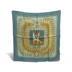 NEUF FOULARD HERMES TIGRE ROYAL GAVROCHE CARRE 45 EN CACHEMIRE & SOIE BLEU 310€