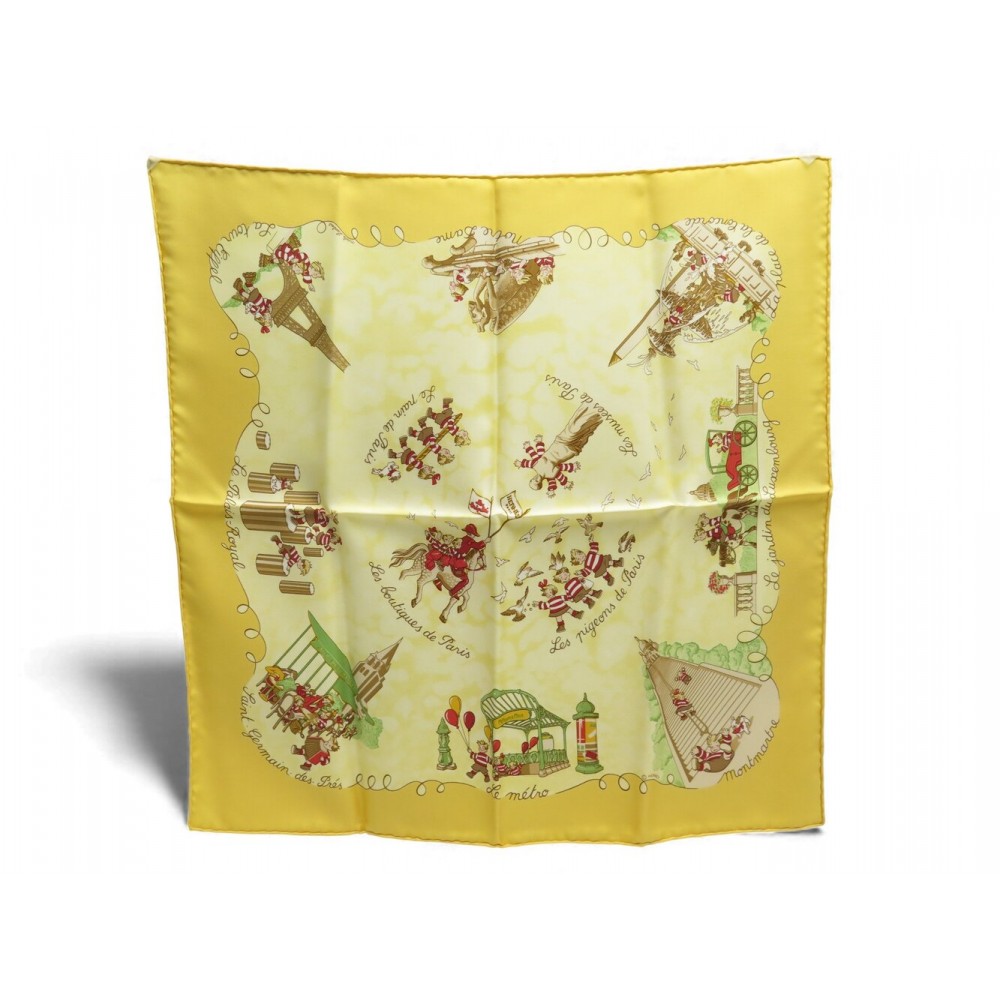 NEUF FOULARD HERMES LES TRIPLES GAVROCHE CARRE 45 SOIE JAUNE YELLOW SILK SCARF