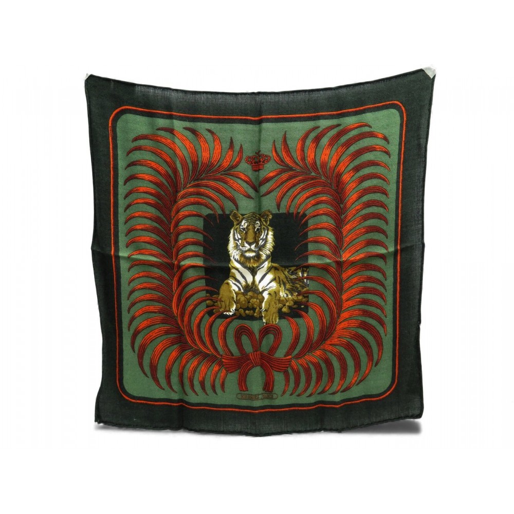 NEUF FOULARD HERMES TIGRE ROYAL GAVROCHE CARRE 45 CACHEMIRE SOIE VERT SCARF 310€