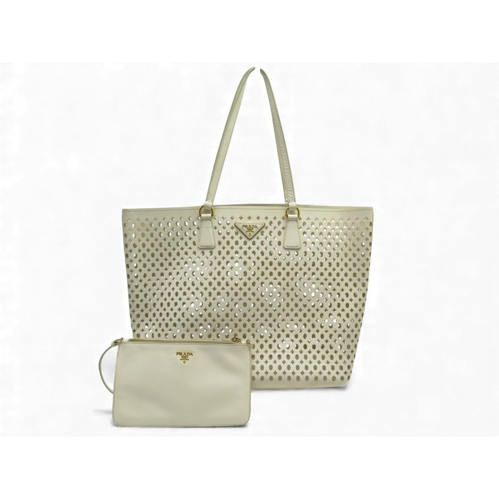 SAC A MAIN PRADA CABAS SHOPPING FORI CUIR BLANC POCHETTE CUT-OUT TOTE BAG 2300€