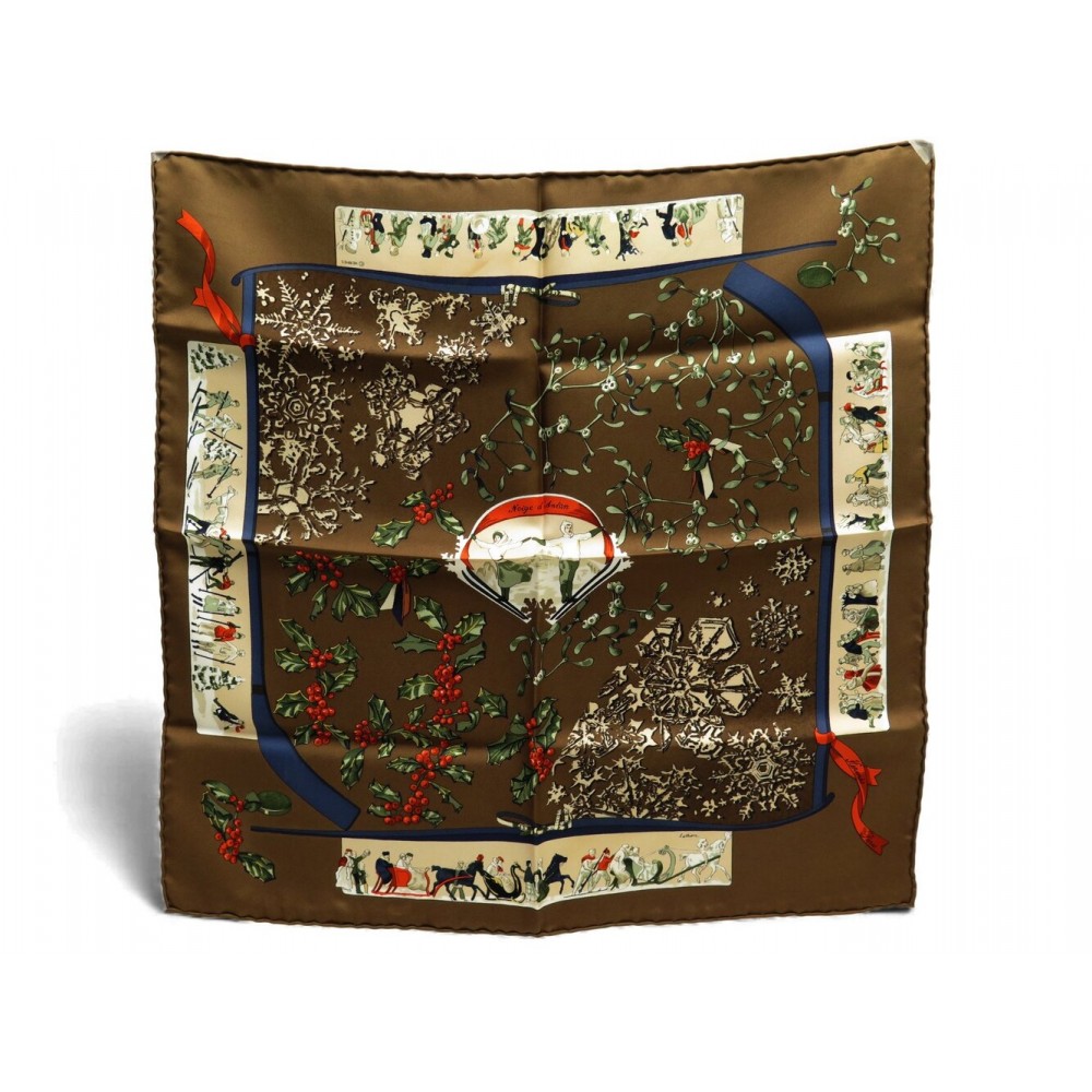 NEUF FOULARD HERMES NEIGE D'ANTAN GAVROCHE CARRE 45 CM EN SOIE MARRON SCARF 210€