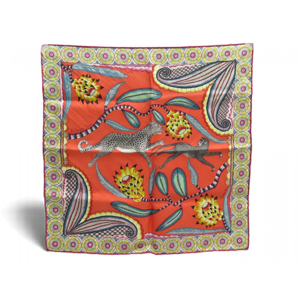 NEUF FOULARD HERMES THE SAVANA DANCE GAVROCHE CARRE 45 EN SOIE ORANGE SILK SCARF