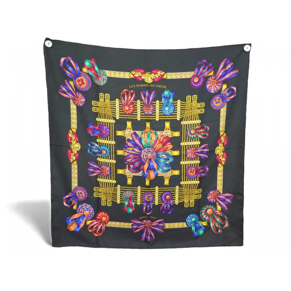 VINTAGE FOULARD HERMES LES RUBANS DU CHEVAL METZ CARRE 90 SOIE NOIRE SCARF 530€