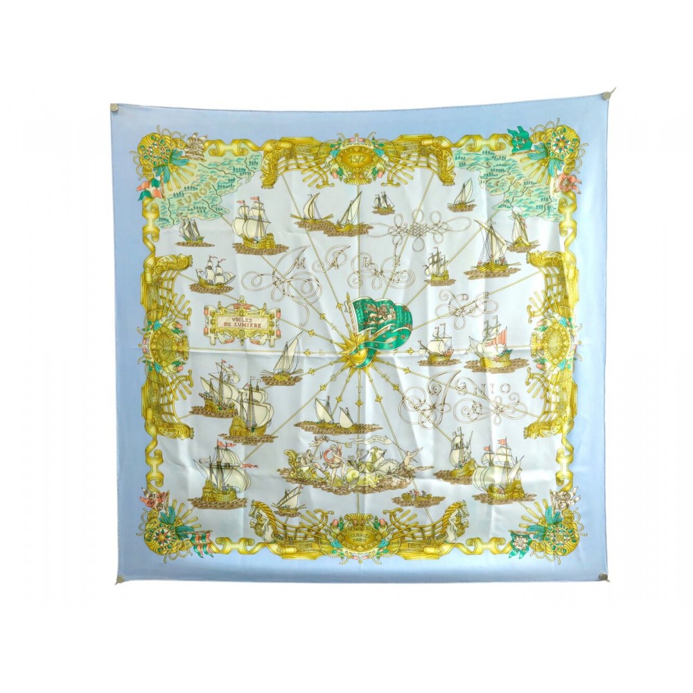 VINTAGE FOULARD HERMES VOILES DE LUMIERE METZ CARRE 90 EN SOIE BLEU SCARF 530€