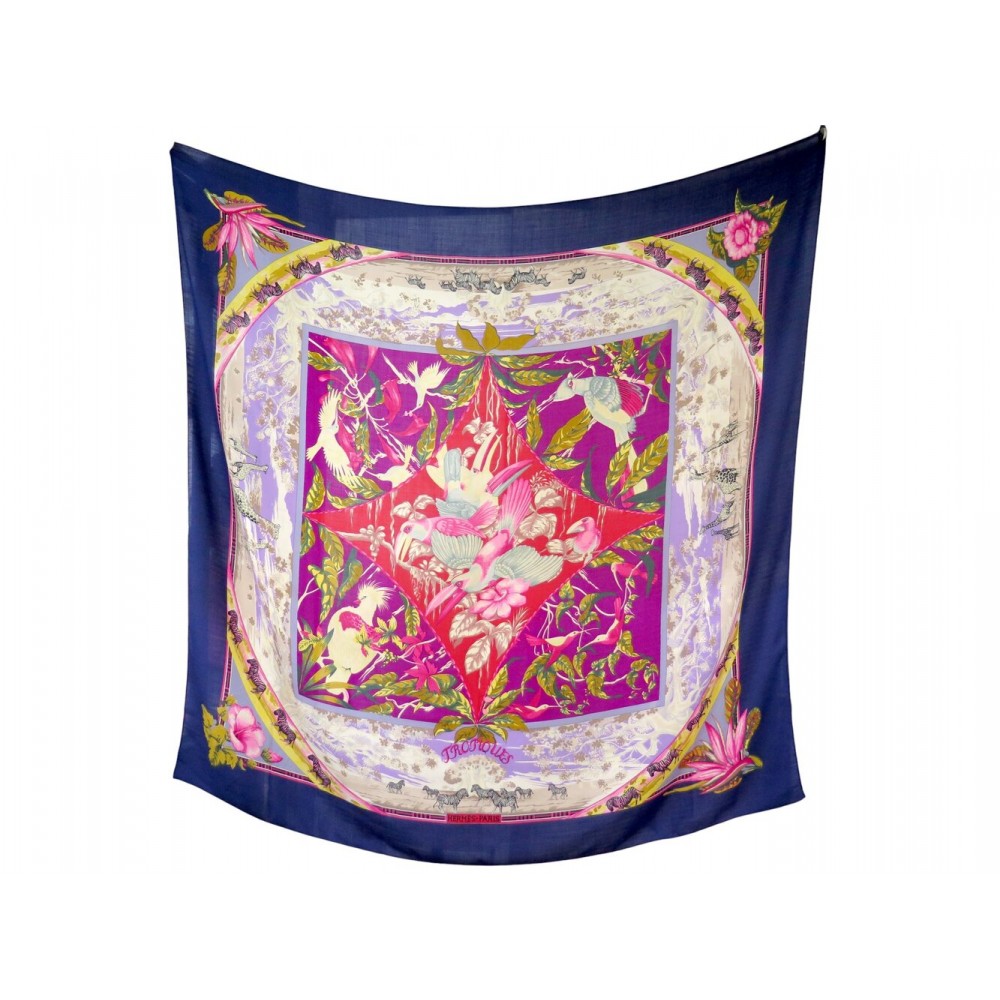 CHALE HERMES TROPIQUES BOURTHOUMIEUX CARRE 140 CACHEMIRE SOIE VIOLET SHAWL 1260€