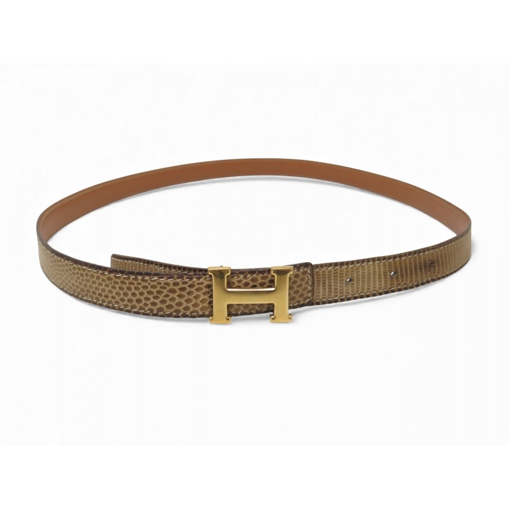 VINTAGE CEINTURE HERMES BOUCLE H 18MM T75 EN CUIR DE LEZARD BEIGE LIZARD BELT