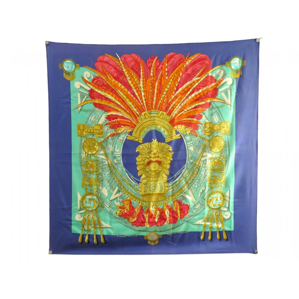 FOULARD HERMES MEXIQUE 1ERE EDITION 1985 LATHAM CARRE 90 SOIE VERTE SCARF 530€